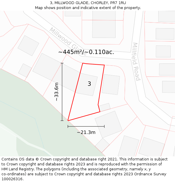 3, MILLWOOD GLADE, CHORLEY, PR7 1RU: Plot and title map