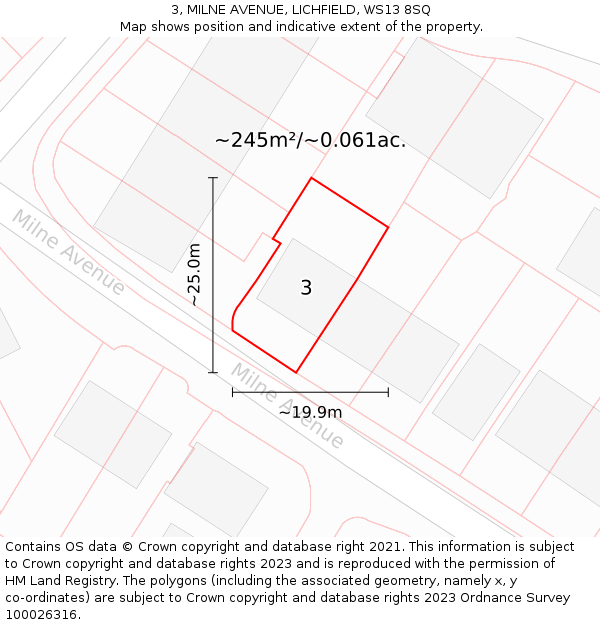 3, MILNE AVENUE, LICHFIELD, WS13 8SQ: Plot and title map