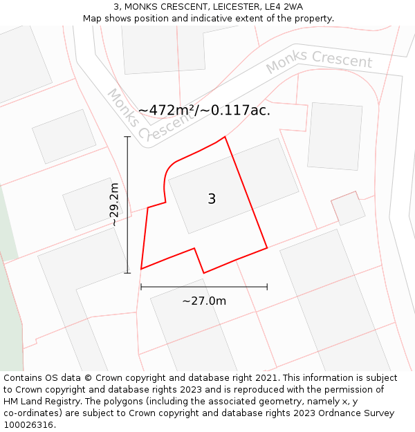 3, MONKS CRESCENT, LEICESTER, LE4 2WA: Plot and title map