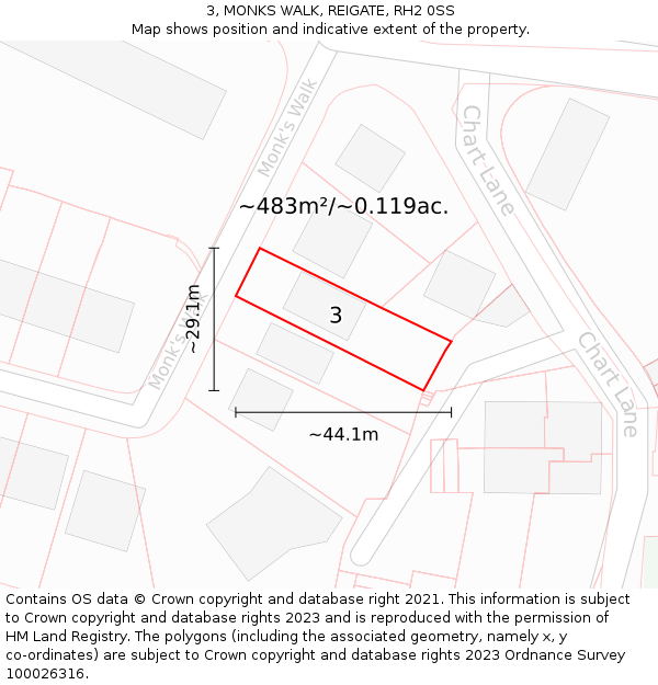 3, MONKS WALK, REIGATE, RH2 0SS: Plot and title map