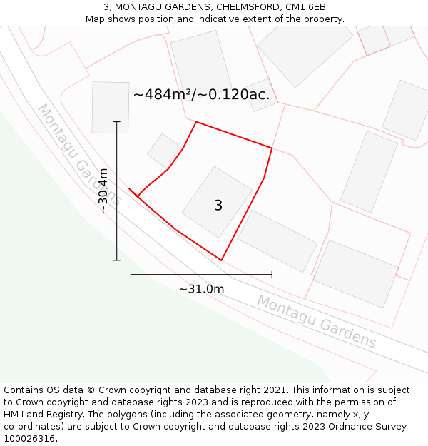 3, MONTAGU GARDENS, CHELMSFORD, CM1 6EB: Plot and title map