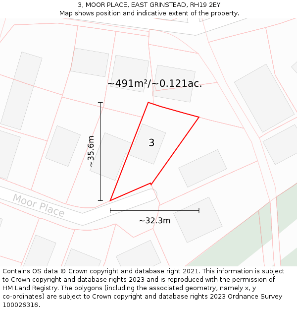 3, MOOR PLACE, EAST GRINSTEAD, RH19 2EY: Plot and title map