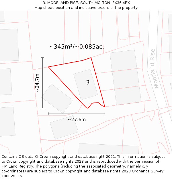 3, MOORLAND RISE, SOUTH MOLTON, EX36 4BX: Plot and title map