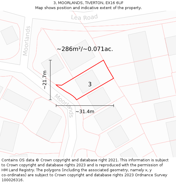 3, MOORLANDS, TIVERTON, EX16 6UF: Plot and title map