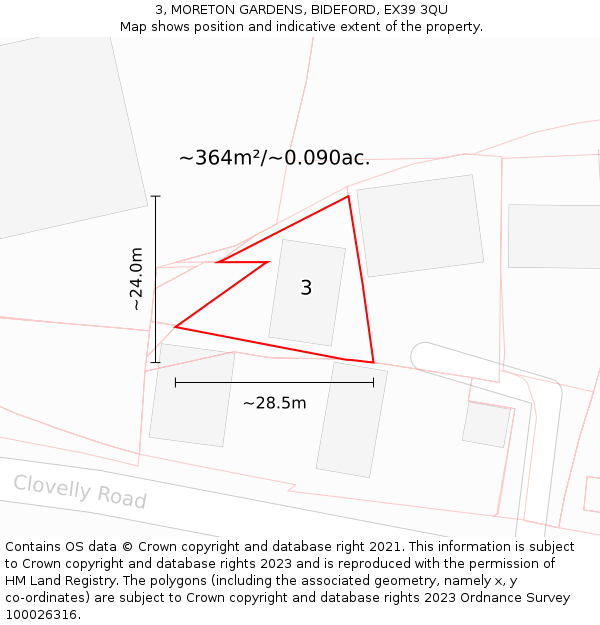 3, MORETON GARDENS, BIDEFORD, EX39 3QU: Plot and title map