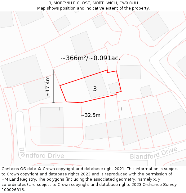 3, MOREVILLE CLOSE, NORTHWICH, CW9 8UH: Plot and title map