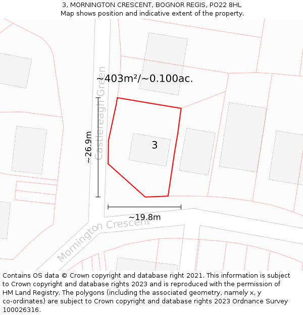 3, MORNINGTON CRESCENT, BOGNOR REGIS, PO22 8HL: Plot and title map