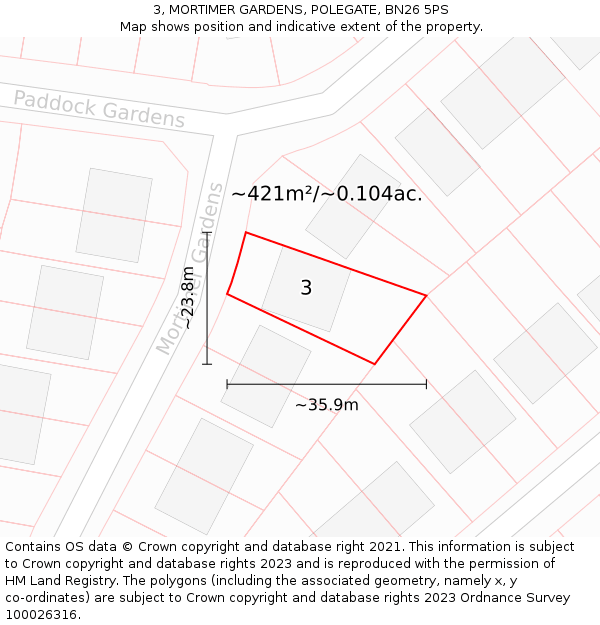 3, MORTIMER GARDENS, POLEGATE, BN26 5PS: Plot and title map