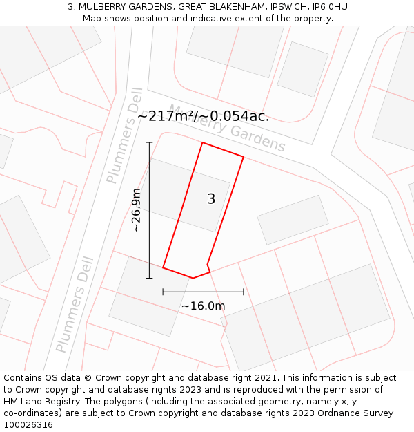 3, MULBERRY GARDENS, GREAT BLAKENHAM, IPSWICH, IP6 0HU: Plot and title map