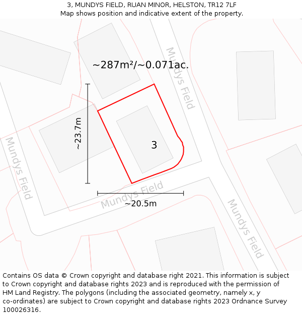 3, MUNDYS FIELD, RUAN MINOR, HELSTON, TR12 7LF: Plot and title map