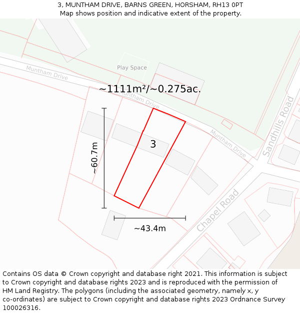 3, MUNTHAM DRIVE, BARNS GREEN, HORSHAM, RH13 0PT: Plot and title map