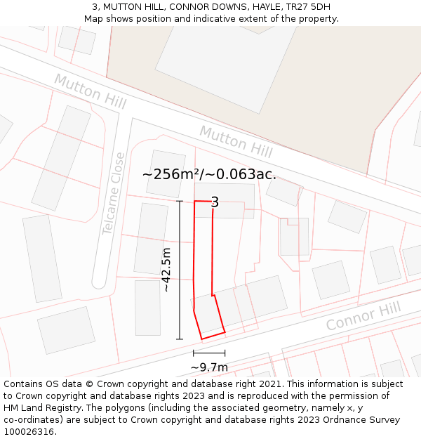 3, MUTTON HILL, CONNOR DOWNS, HAYLE, TR27 5DH: Plot and title map