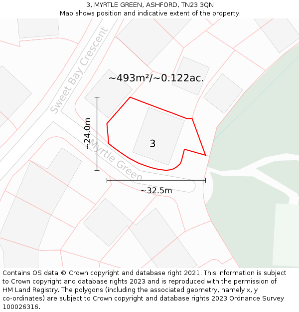 3, MYRTLE GREEN, ASHFORD, TN23 3QN: Plot and title map