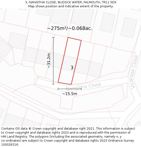 3, NANGITHA CLOSE, BUDOCK WATER, FALMOUTH, TR11 5DX: Plot and title map