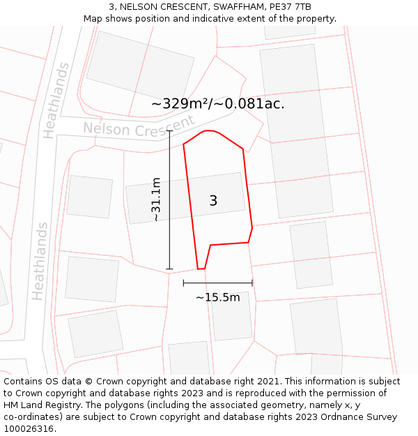 3, NELSON CRESCENT, SWAFFHAM, PE37 7TB: Plot and title map