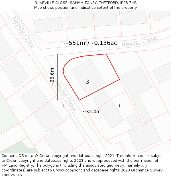 3, NEVILLE CLOSE, SAHAM TONEY, THETFORD, IP25 7HR: Plot and title map