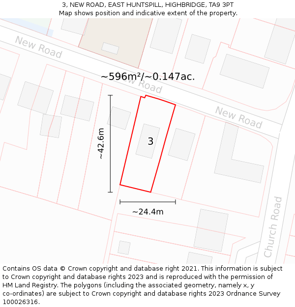 3, NEW ROAD, EAST HUNTSPILL, HIGHBRIDGE, TA9 3PT: Plot and title map