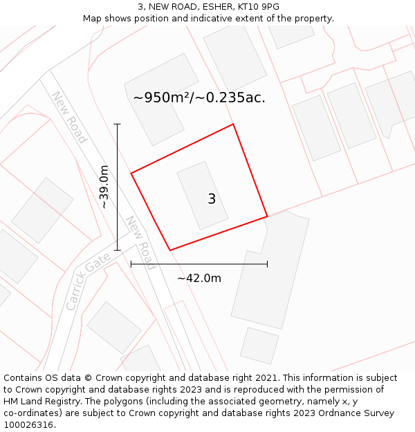 3, NEW ROAD, ESHER, KT10 9PG: Plot and title map