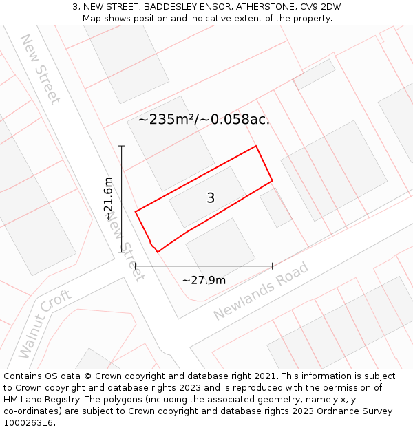 3, NEW STREET, BADDESLEY ENSOR, ATHERSTONE, CV9 2DW: Plot and title map