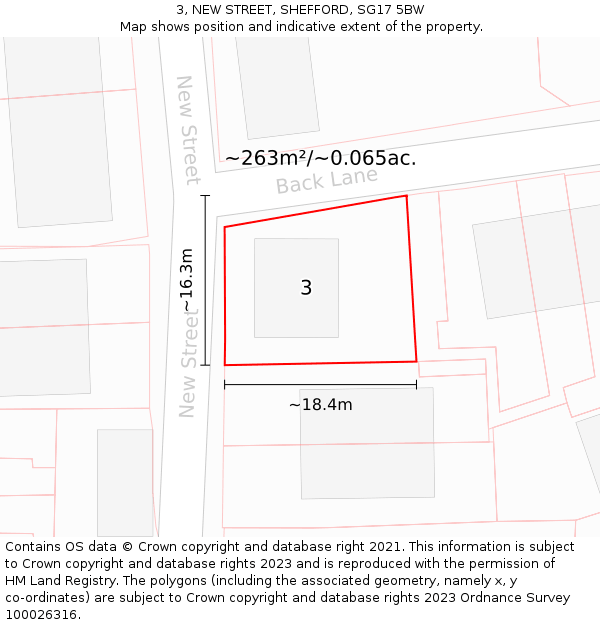 3, NEW STREET, SHEFFORD, SG17 5BW: Plot and title map