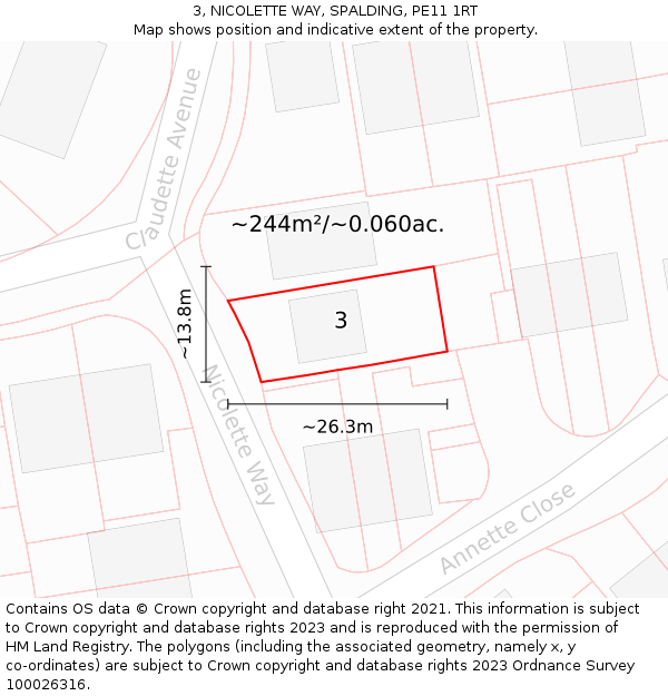 3, NICOLETTE WAY, SPALDING, PE11 1RT: Plot and title map