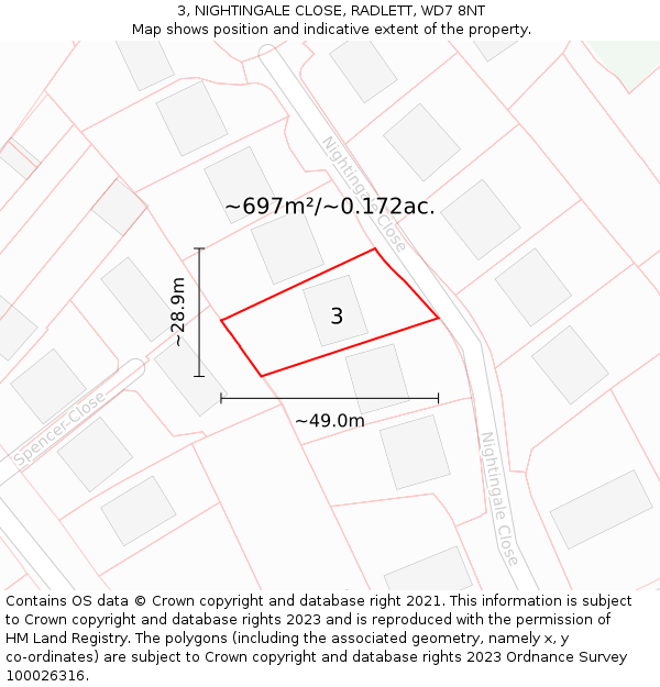 3, NIGHTINGALE CLOSE, RADLETT, WD7 8NT: Plot and title map