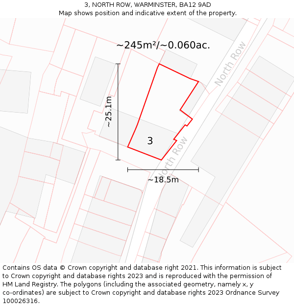 3, NORTH ROW, WARMINSTER, BA12 9AD: Plot and title map