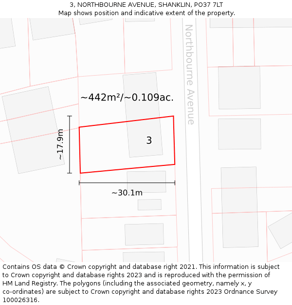 3, NORTHBOURNE AVENUE, SHANKLIN, PO37 7LT: Plot and title map