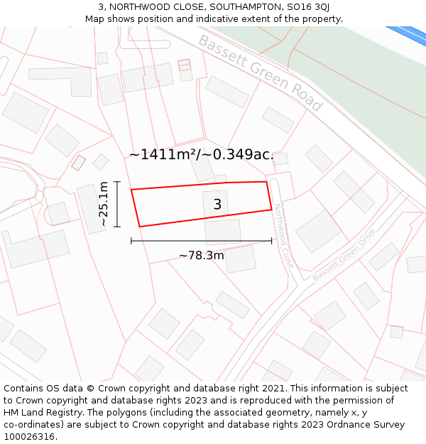 3, NORTHWOOD CLOSE, SOUTHAMPTON, SO16 3QJ: Plot and title map