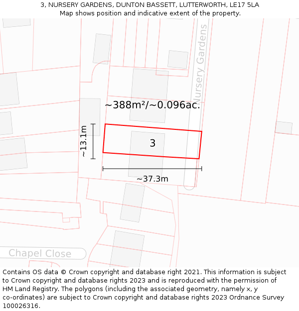 3, NURSERY GARDENS, DUNTON BASSETT, LUTTERWORTH, LE17 5LA: Plot and title map