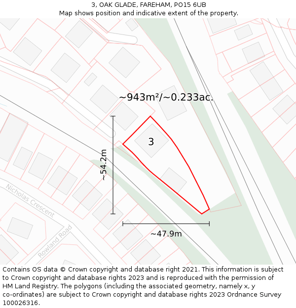 3, OAK GLADE, FAREHAM, PO15 6UB: Plot and title map