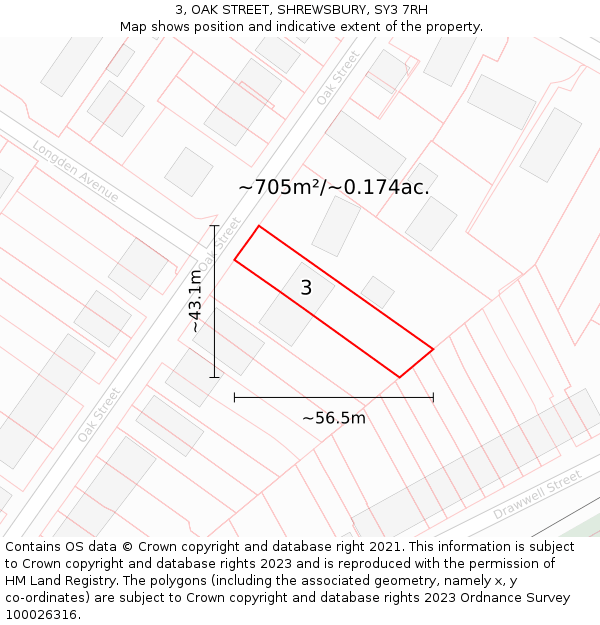 3, OAK STREET, SHREWSBURY, SY3 7RH: Plot and title map