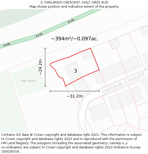 3, OAKLANDS CRESCENT, HOLT, NR25 6UD: Plot and title map