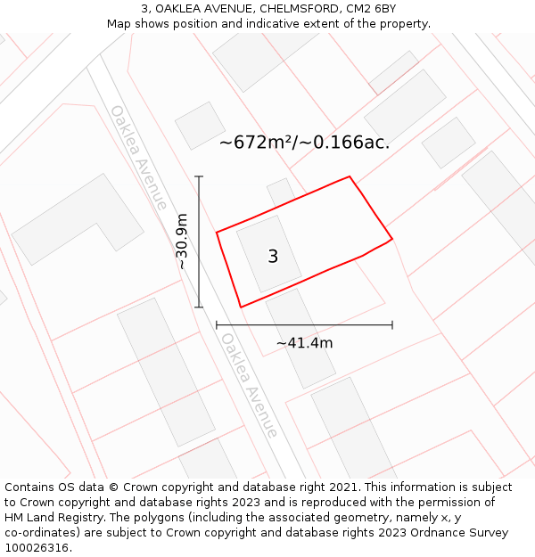 3, OAKLEA AVENUE, CHELMSFORD, CM2 6BY: Plot and title map