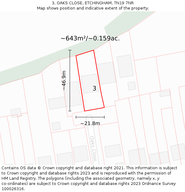 3, OAKS CLOSE, ETCHINGHAM, TN19 7NR: Plot and title map