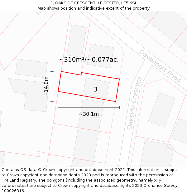3, OAKSIDE CRESCENT, LEICESTER, LE5 6SL: Plot and title map