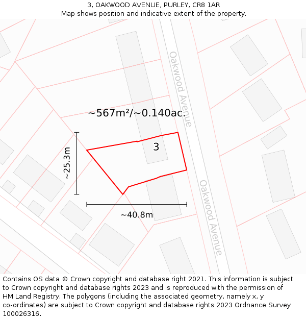 3, OAKWOOD AVENUE, PURLEY, CR8 1AR: Plot and title map