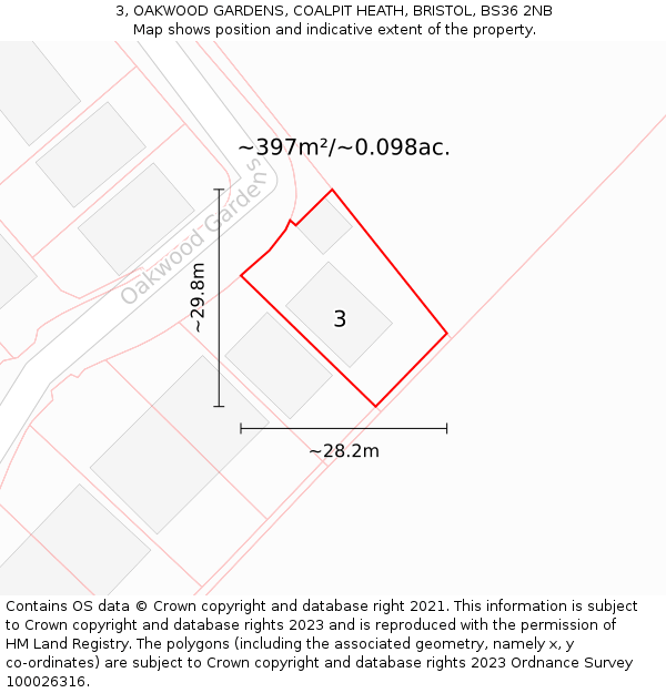 3, OAKWOOD GARDENS, COALPIT HEATH, BRISTOL, BS36 2NB: Plot and title map