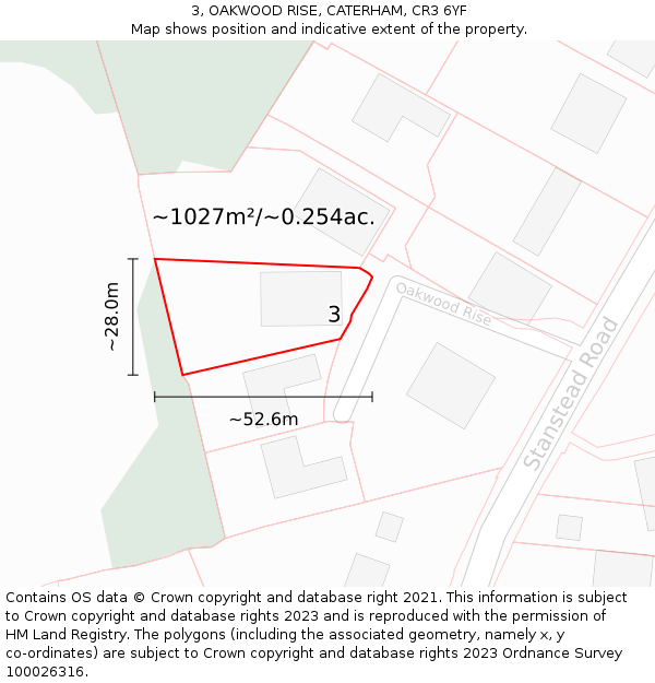 3, OAKWOOD RISE, CATERHAM, CR3 6YF: Plot and title map