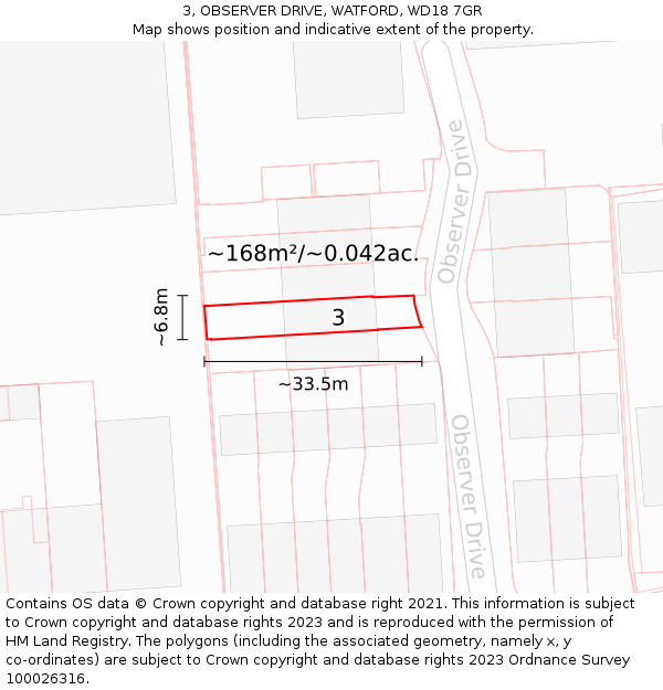 3, OBSERVER DRIVE, WATFORD, WD18 7GR: Plot and title map