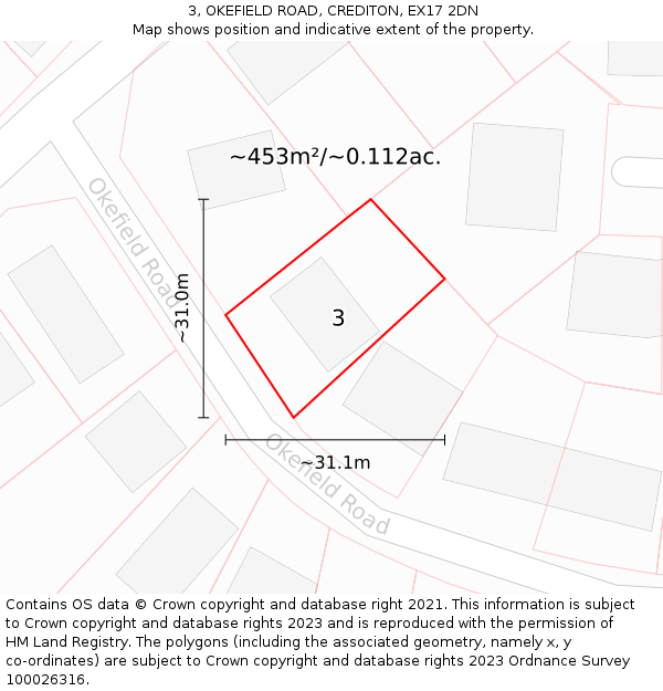 3, OKEFIELD ROAD, CREDITON, EX17 2DN: Plot and title map