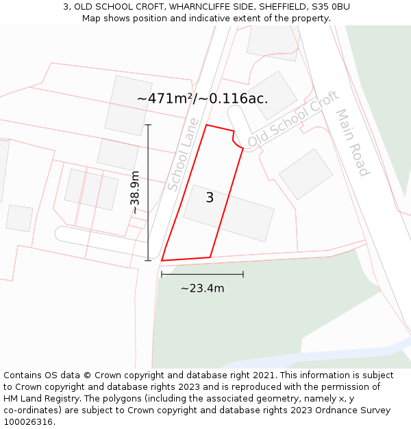 3, OLD SCHOOL CROFT, WHARNCLIFFE SIDE, SHEFFIELD, S35 0BU: Plot and title map