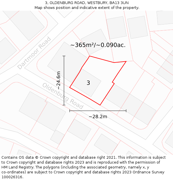 3, OLDENBURG ROAD, WESTBURY, BA13 3UN: Plot and title map