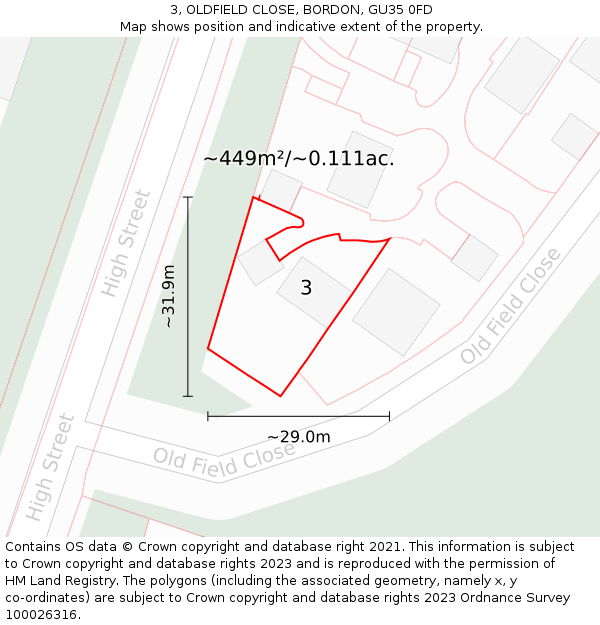 3, OLDFIELD CLOSE, BORDON, GU35 0FD: Plot and title map