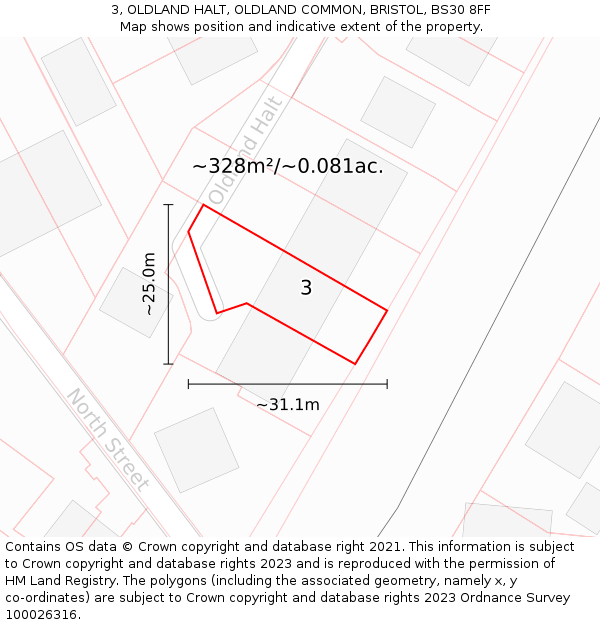 3, OLDLAND HALT, OLDLAND COMMON, BRISTOL, BS30 8FF: Plot and title map