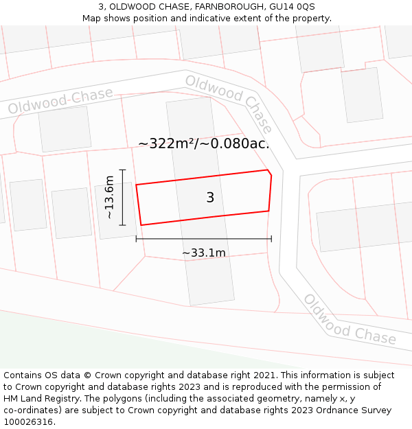 3, OLDWOOD CHASE, FARNBOROUGH, GU14 0QS: Plot and title map