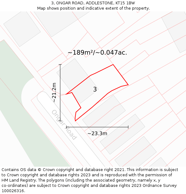 3, ONGAR ROAD, ADDLESTONE, KT15 1BW: Plot and title map