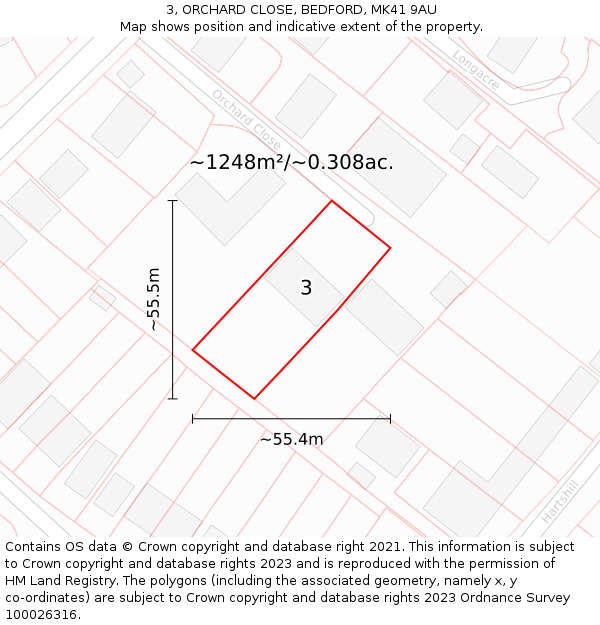 3, ORCHARD CLOSE, BEDFORD, MK41 9AU: Plot and title map