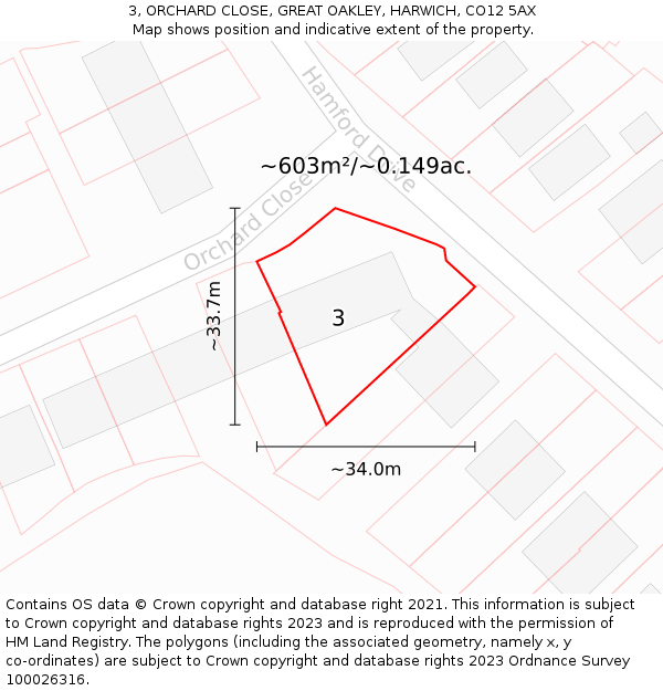 3, ORCHARD CLOSE, GREAT OAKLEY, HARWICH, CO12 5AX: Plot and title map