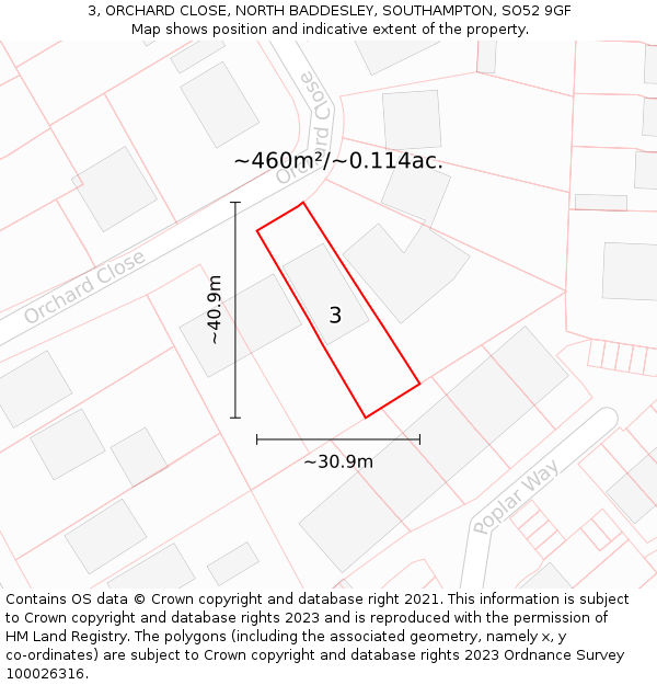 3, ORCHARD CLOSE, NORTH BADDESLEY, SOUTHAMPTON, SO52 9GF: Plot and title map